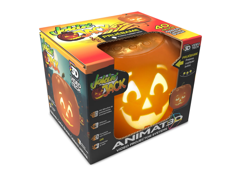 ANIMAT3D Blink Tech Jabberin Jack Spanish Animated Talking Pumpkin with 8" Screen, LED Matrix Light Projector, Speaker & 40 Min Content