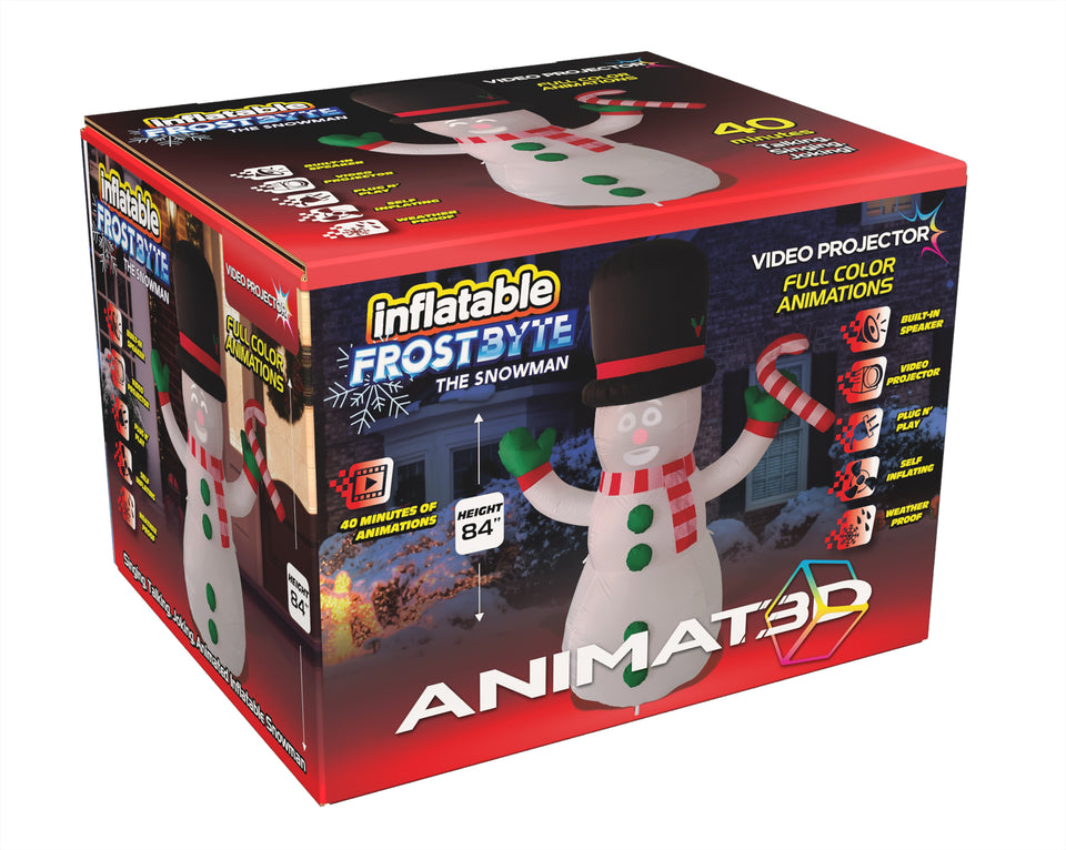 ANIMAT3D FrostByte Inflatable Talking Animated 7 Foot Snowman with Built in Projector & Speaker Plug'n Play for Outdoor Use