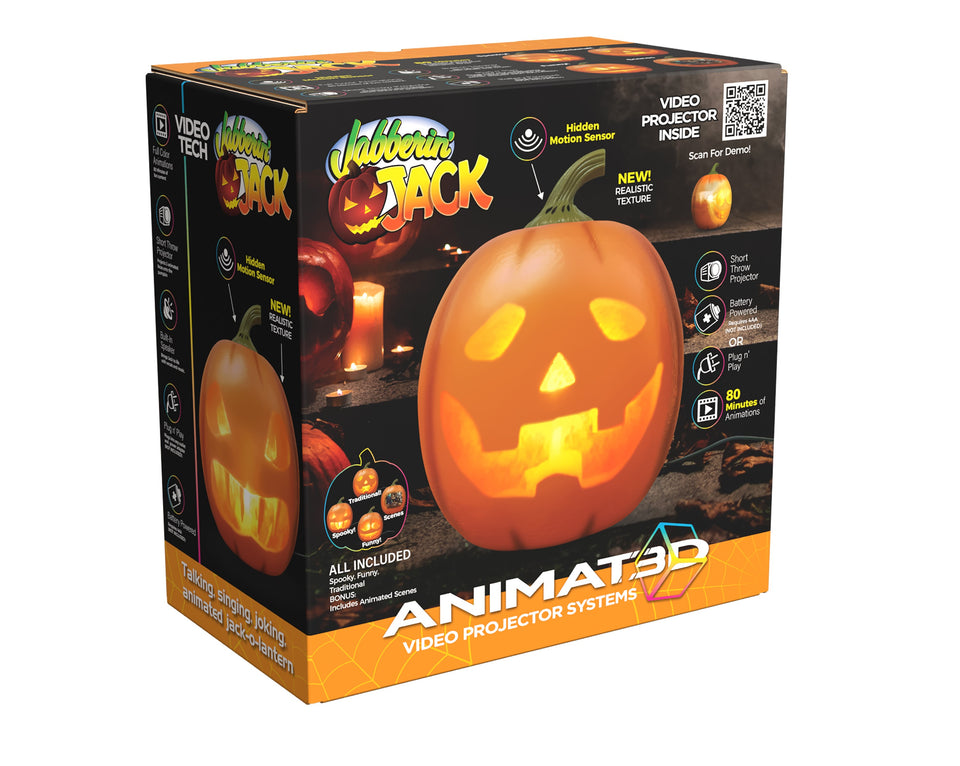 ANIMAT3D Jabberin' JackMotion Sensor 12 Inch XL Talking Animated Pumpkin with Built in Video Projector, Speaker and Motion Sensor Includes 80 Minutes of Content